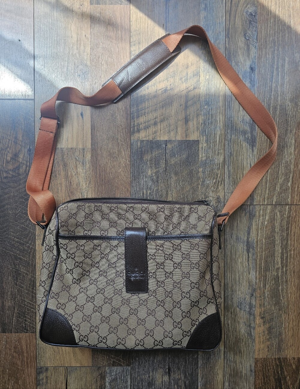 Gucci Brown/Tan Monogram Messenger Bag with Orange Strap